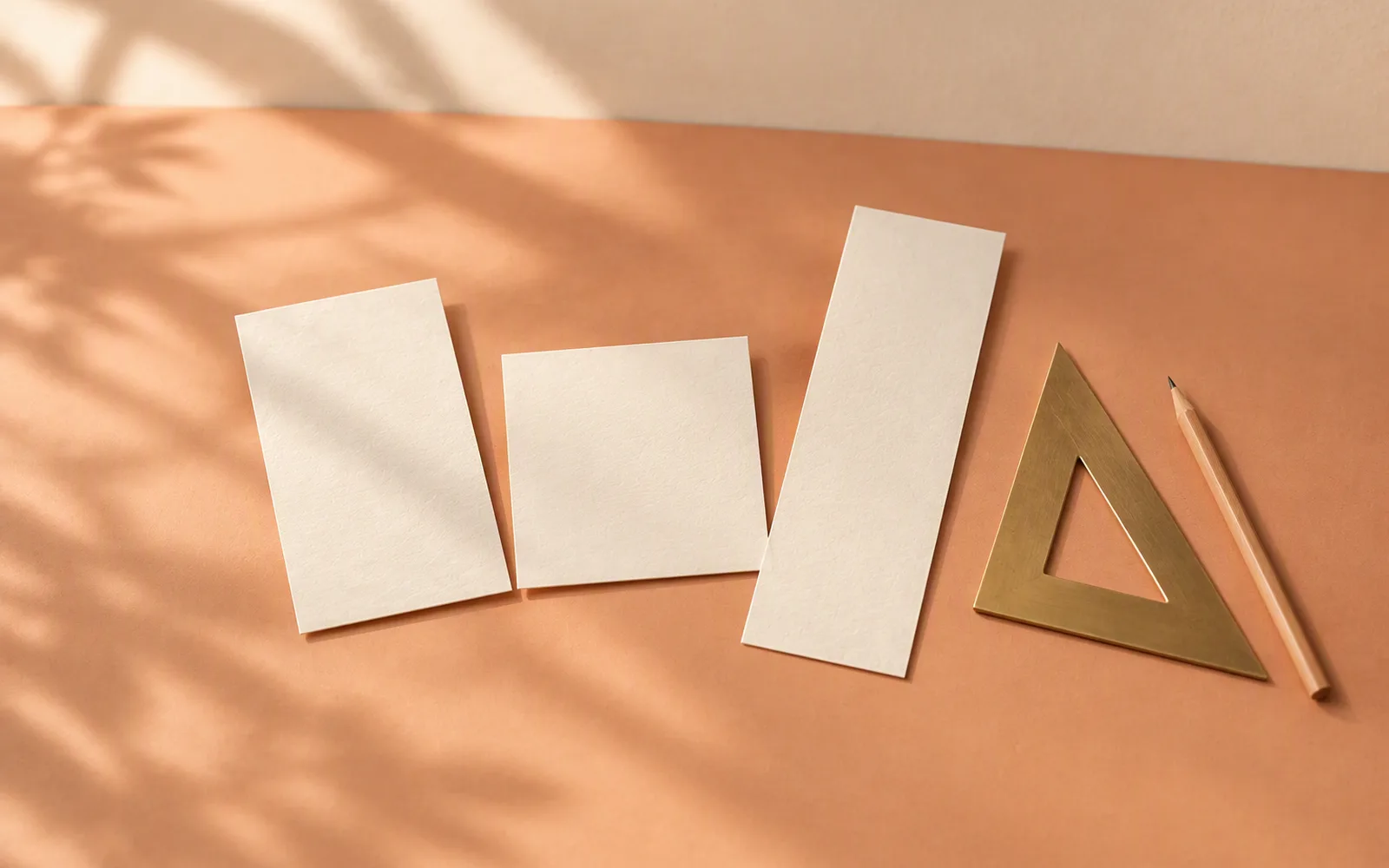 Three blank cards in portrait, square and tall sizes with a brass set square