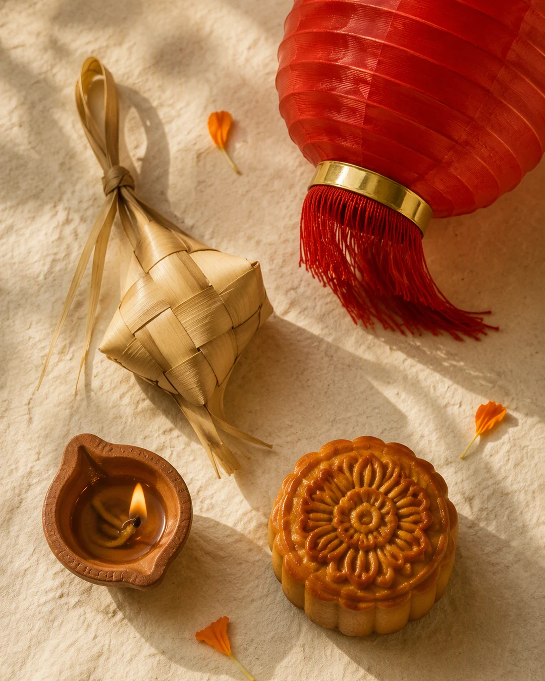 Festive kuih, a hamper and lights on a table